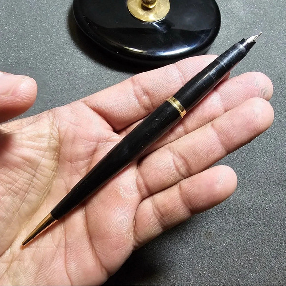 VINTAGE PARKER BLACK FOUNTAIN PEN DESK SET BLACK ONYX OVAL BASE HOLDER - Picture 3 of 9